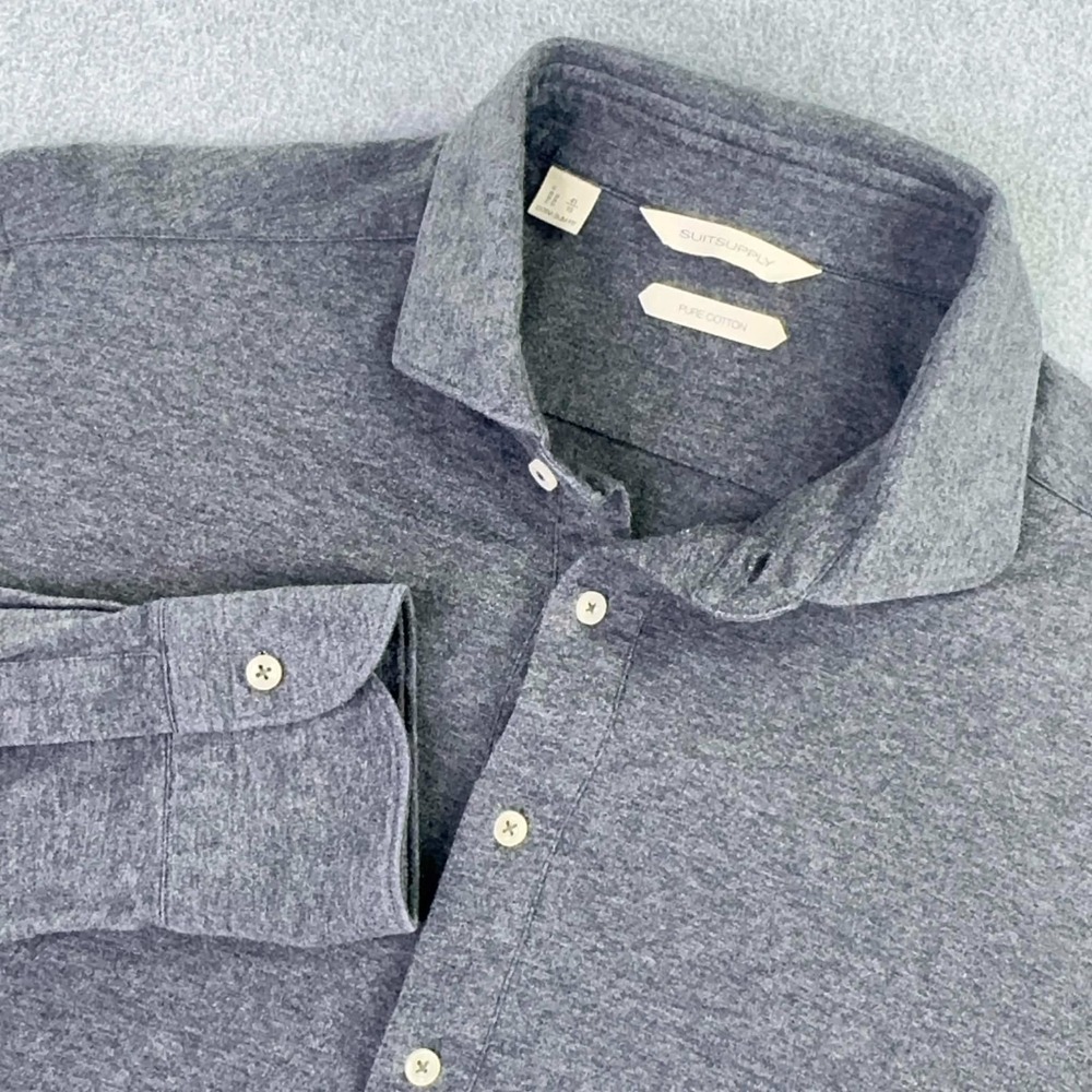 SuitSupply Pure Cotton Jersey Knit Popover Shirt Mens 16 41 Gray Extra Slim Fit